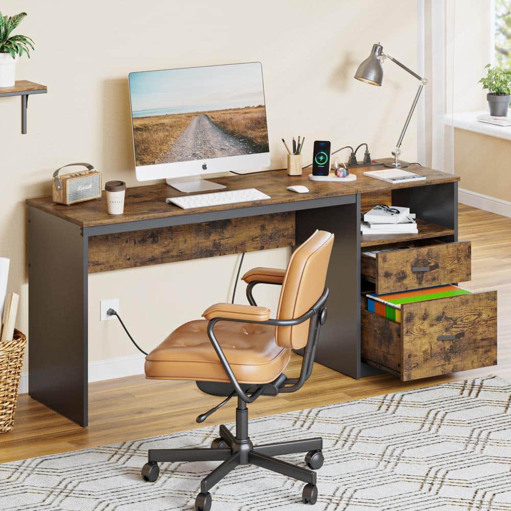 Bestier 60 Inch Home Office Desk with Power OutLets Rustic Brown