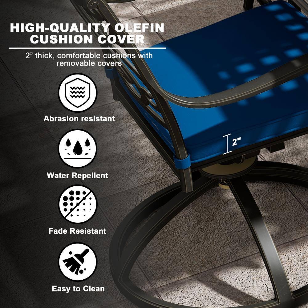 Black Cast Aluminum 6-Person Outdoor Dining Set with Blue Cushions