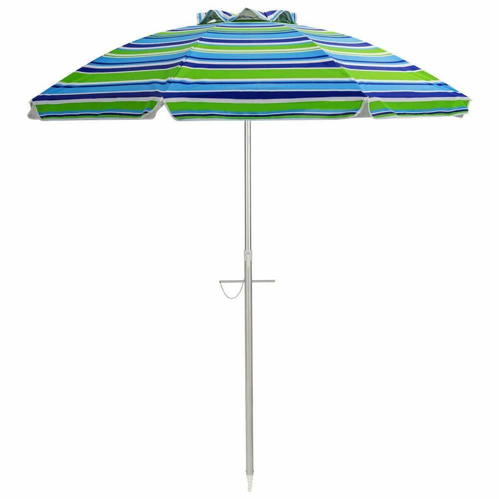Tangkula 6.5Ft Beach Umbrella w/ Tilt Mechanism Sand Anchor Carrying Bag Blue + Green