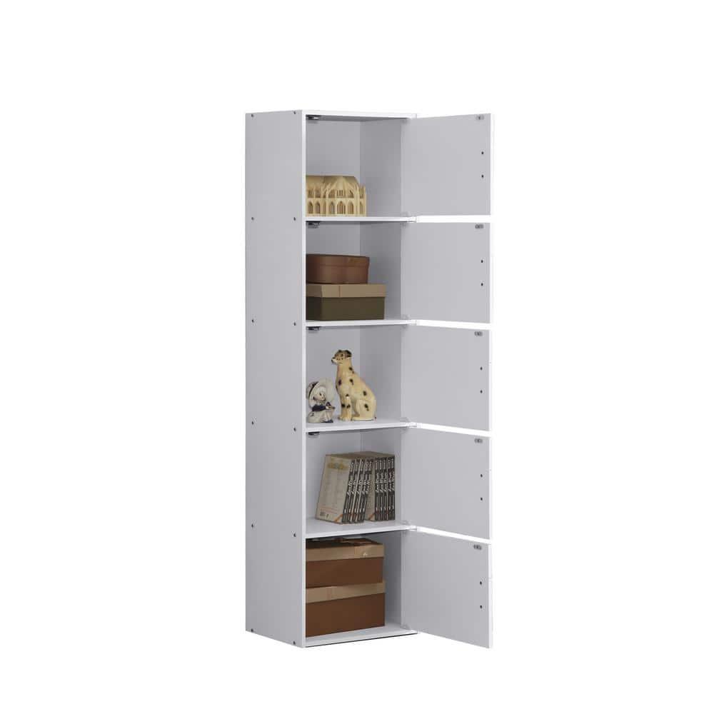 Hodedah HID5 High Quality 5 Shelf Home, Office, and School Enclosed Organization Storage 59 Inch Tall Slim Bookcase Cabinets, White Finish