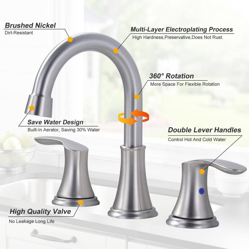 WOWOW 8 in. Widespread Double Handle Bathroom Faucet with Drain Kit Included in Brushed Nickel