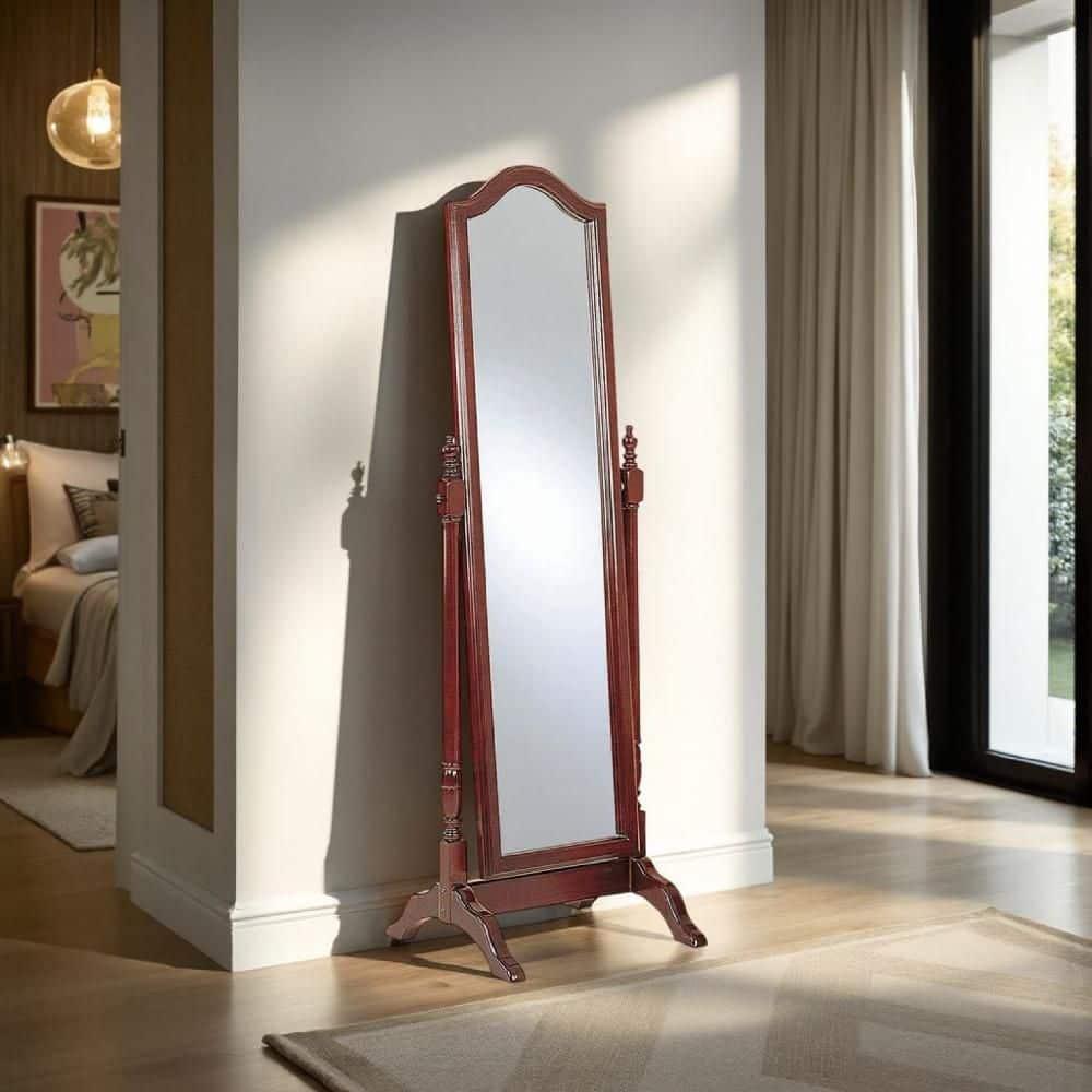 Standing Cheval Mirror with Wooden Frame Turned Posts Brown - Saltoro Sherpi