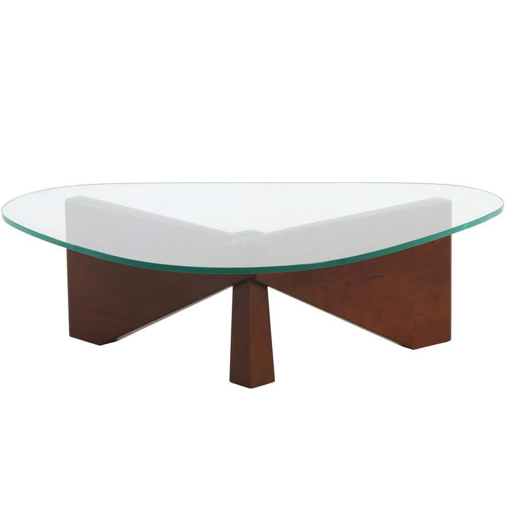 LeisureMod Imperial Collection Triangular Glass Top Coffee Table with Glossy Ash Wood Base for Home, Living Room, Office
