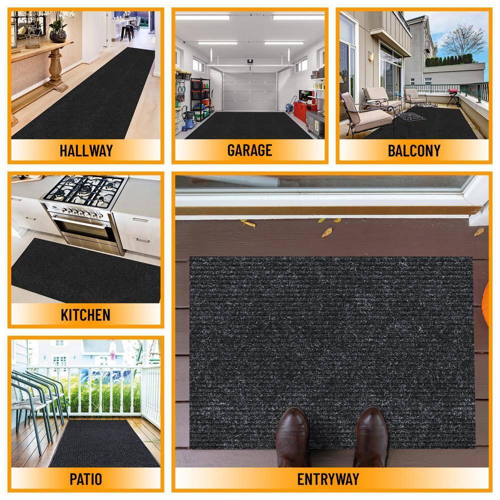Ottomanson Non-Slip Hallway Runner Rug 2' x 7' Indoor/Outdoor Custom Size Utility Carpet for Garage, Black Ribbed