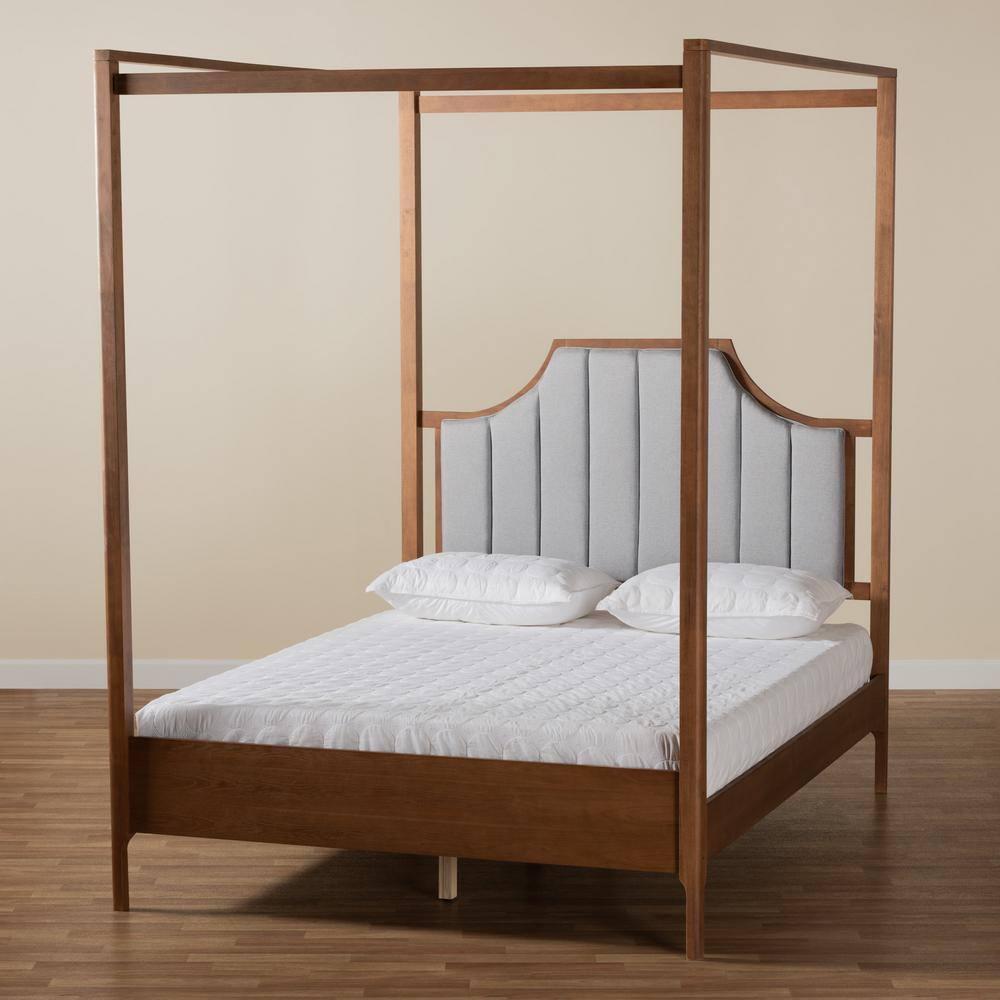 Baxton Studio Dakota Classic and Traditional Light Grey Fabric and Ash Walnut Finished Wood Queen Size Platform Canopy Bed