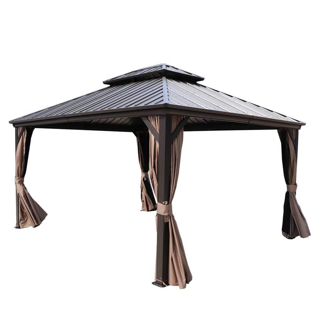 Kozyard Kozyard Caesar Gray Double Roof Hardtop Gazebo with Privacy Curtain and Mosquito Netting