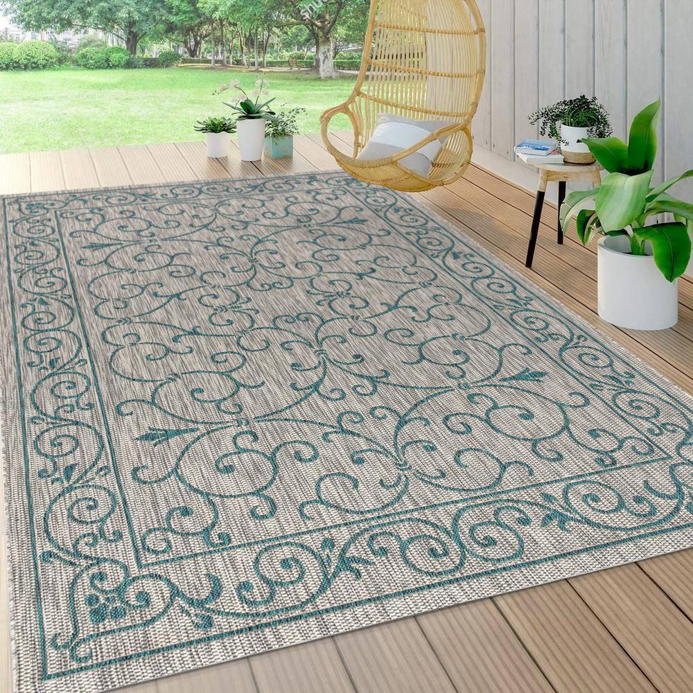 5'x8' Charleston Vintage Filigree Textured Weave Indoor/Outdoor Area Rug, Gray/Teal - JONATHAN Y