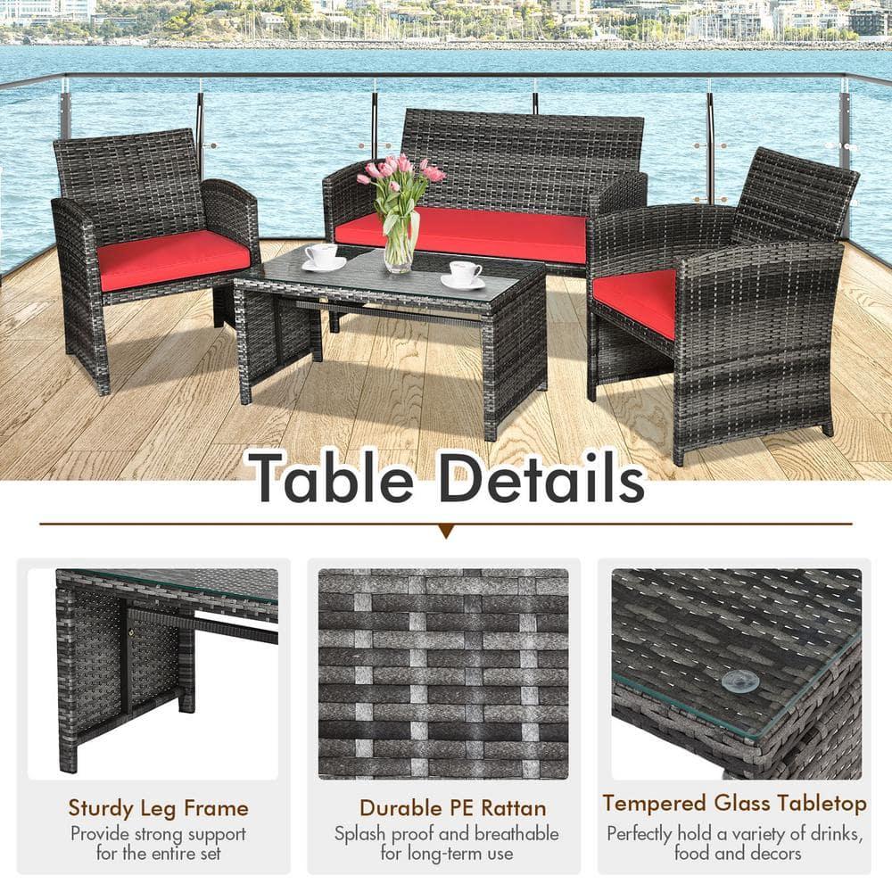 Aimee Lii 4 Pieces Wicker Patio Furniture Set with Cushions, Wicker Outdoor Sectional, Red