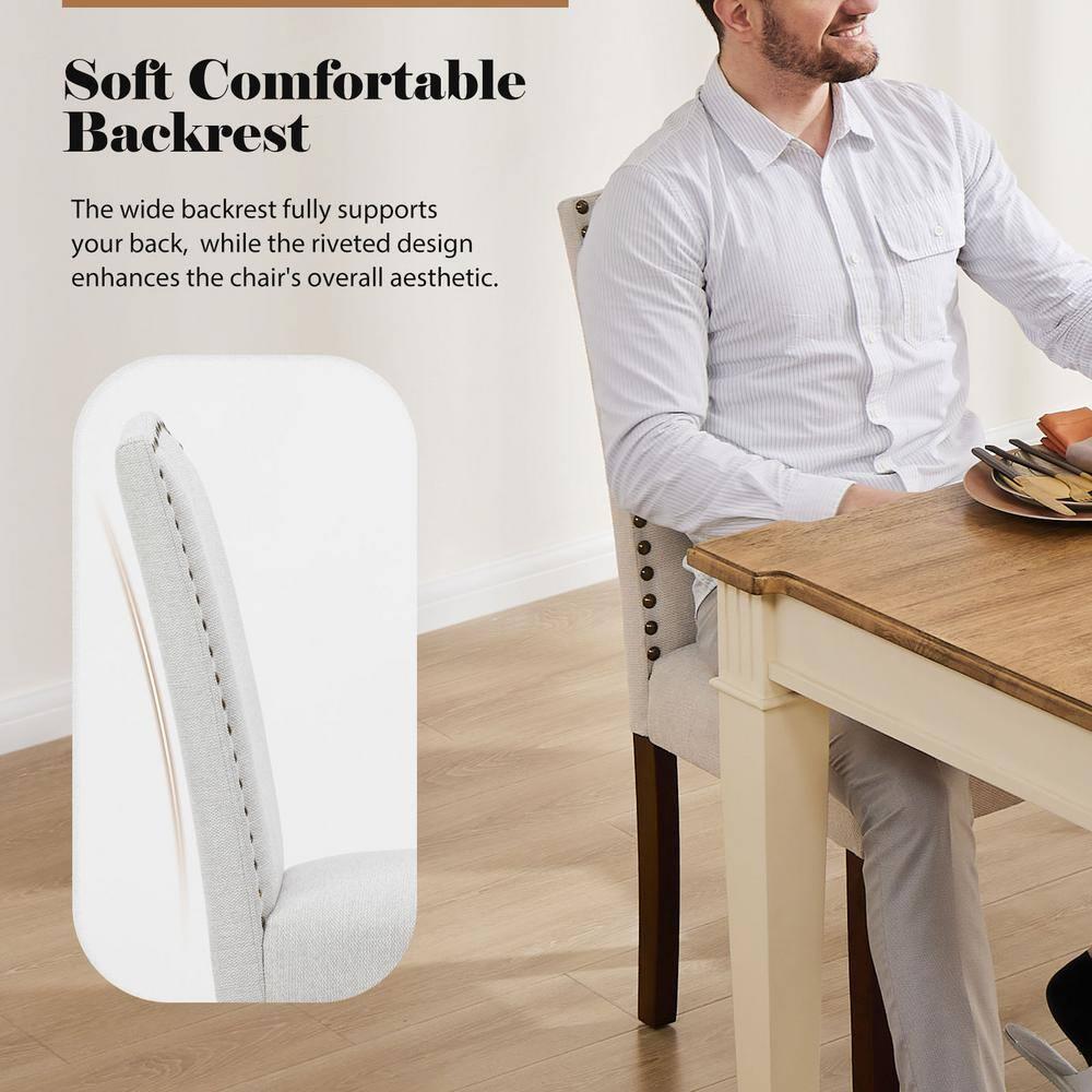 Beige Upholstered Fabric Dining Chairs (Set of 2) with Nailhead Trim and Wood Legs for Living Room Kitchen