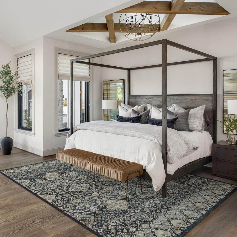 Gertmenian Crystal Print Tanis Anthracite Black Cream Moroccan Bohemian Polyester Washable Flat Pile Indoor Area Rug