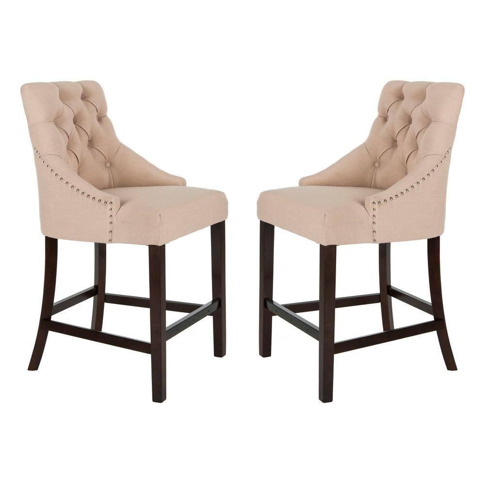 Eleni Tufted Wing Back Counter Stool (Set of 2) - BST6305 - Beige/Espresso - Safavieh
