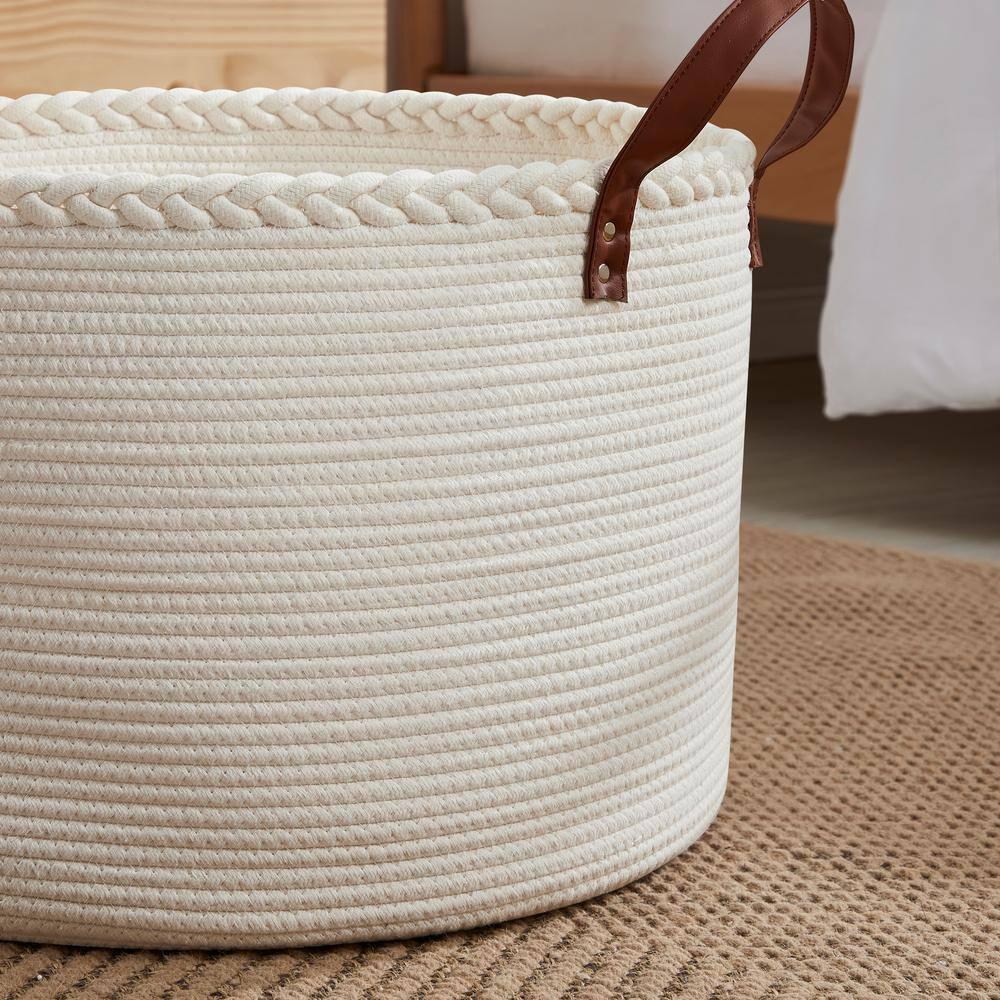 XLarge Round Cotton Rope Storage Basket Bin Organizer Laundry Hamper with Leather Handles, 21 x 21 x 14, Extra Large Blanket Woven Toy Basket for Baby Nursery - Cream