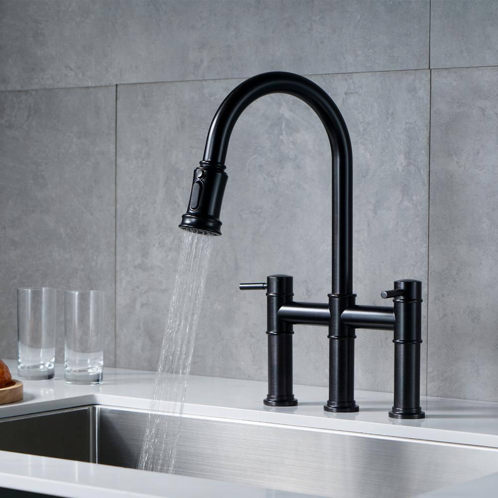 Double Handle Bridge Kitchen Faucet with Pull Down Sprayer in Oil Rubbed Bronze