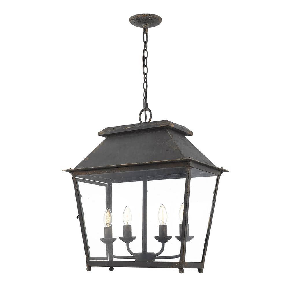 Golden Lighting Abingdon 4-Light Pendant in Antique Black Iron with Clear Glass