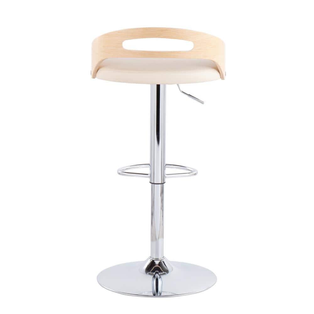 Cassis Mid-Century Modern Adjustable Barstool With Swivel In Natural Wood And Cream Faux Leather