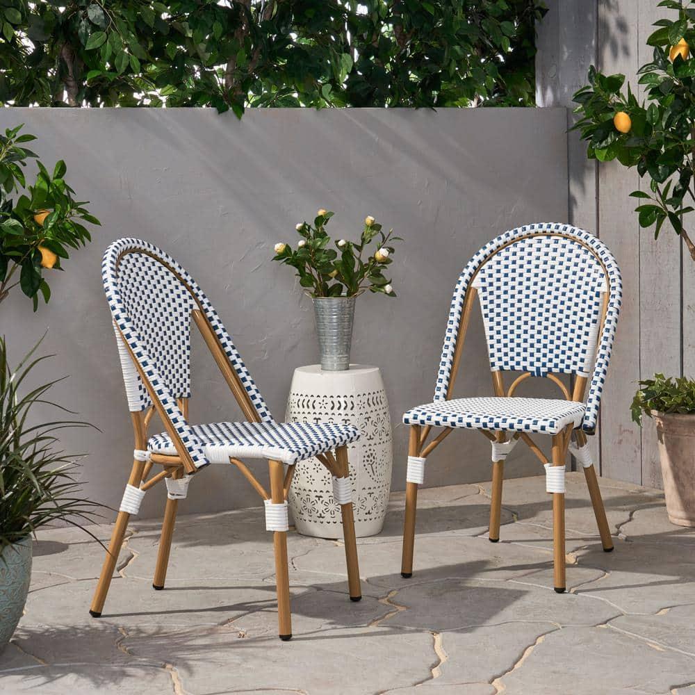 Noble House Elize Aluminum & Faux Rattan Bistro Chairs in Blue/White (Set of 2)