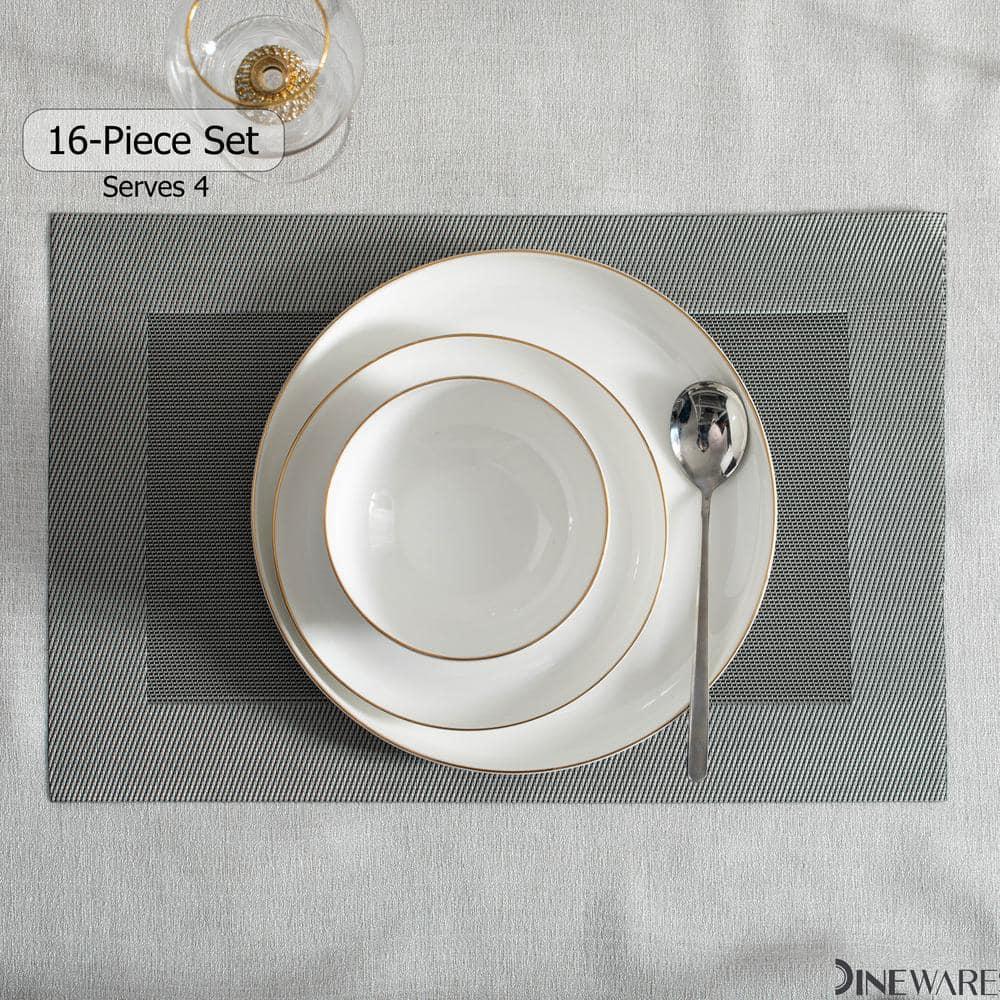 Dinewares White with Gold Rim Bone China Dinnerware Set - Service for 4, Includes Dinner Plates, Salad Plates, and Cereal or Soup Bowls