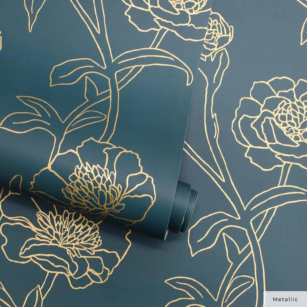 Tempaper & Co.® Peonies Removable Peel and Stick Wallpaper, Peacock Blue and Metallic Gold Floral, 28 sq. ft.: Vinyl Self-Adhesive