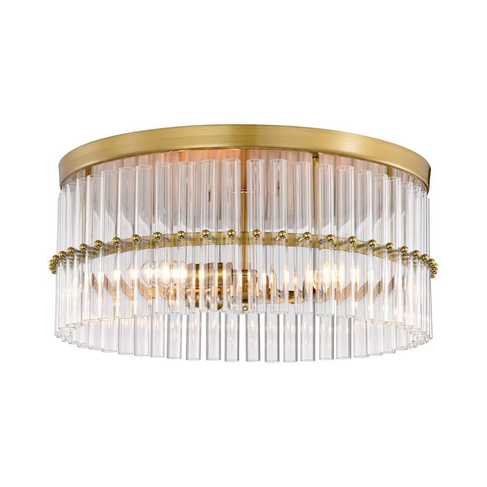 Luxury Round Antique Brass Metal with Tube Crystal 18 Inch Semi Flush Mount, Unique Elegant Ceiling Light, Hand-polished Close to Ceiling Light, Flush Mount Light for Living Room, Dining Room, Bedroo