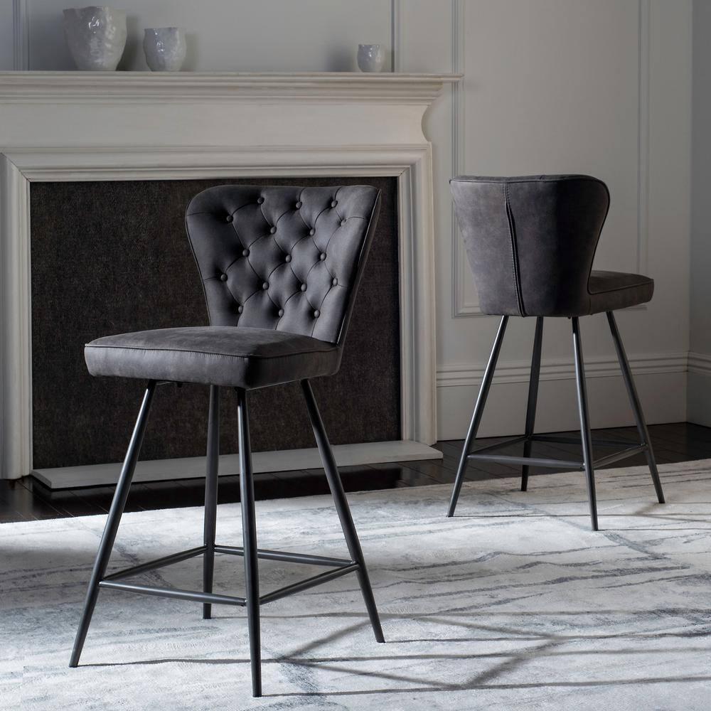 Ashby 26"H Mid-Century Modern Leather Tufted Swivel Counter Stool (Set of 2) - FOX1702 - Grey - Safavieh Couture