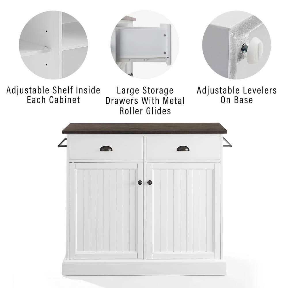 Crosley Shoreline Kitchen Island White/Dark Brown: Adjustable Shelves, Towel Bar, MDF & Veneer Storage Cart