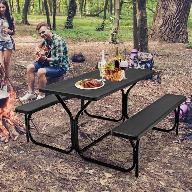 Costway Picnic Table Bench Set Outdoor Backyard Iron Patio Garden Party Dining All Weather Black