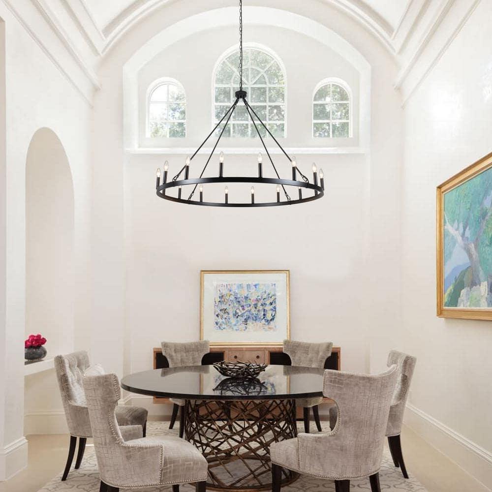 16-Lights Wagon Wheel Chandelier 47 Inch Black Farmhouse Chandelier Large Chandeliers for High Ceilings Round Modern Farmhouse Chandeliers Ceiling Light for Living Room Dining Room Foyer Entryway