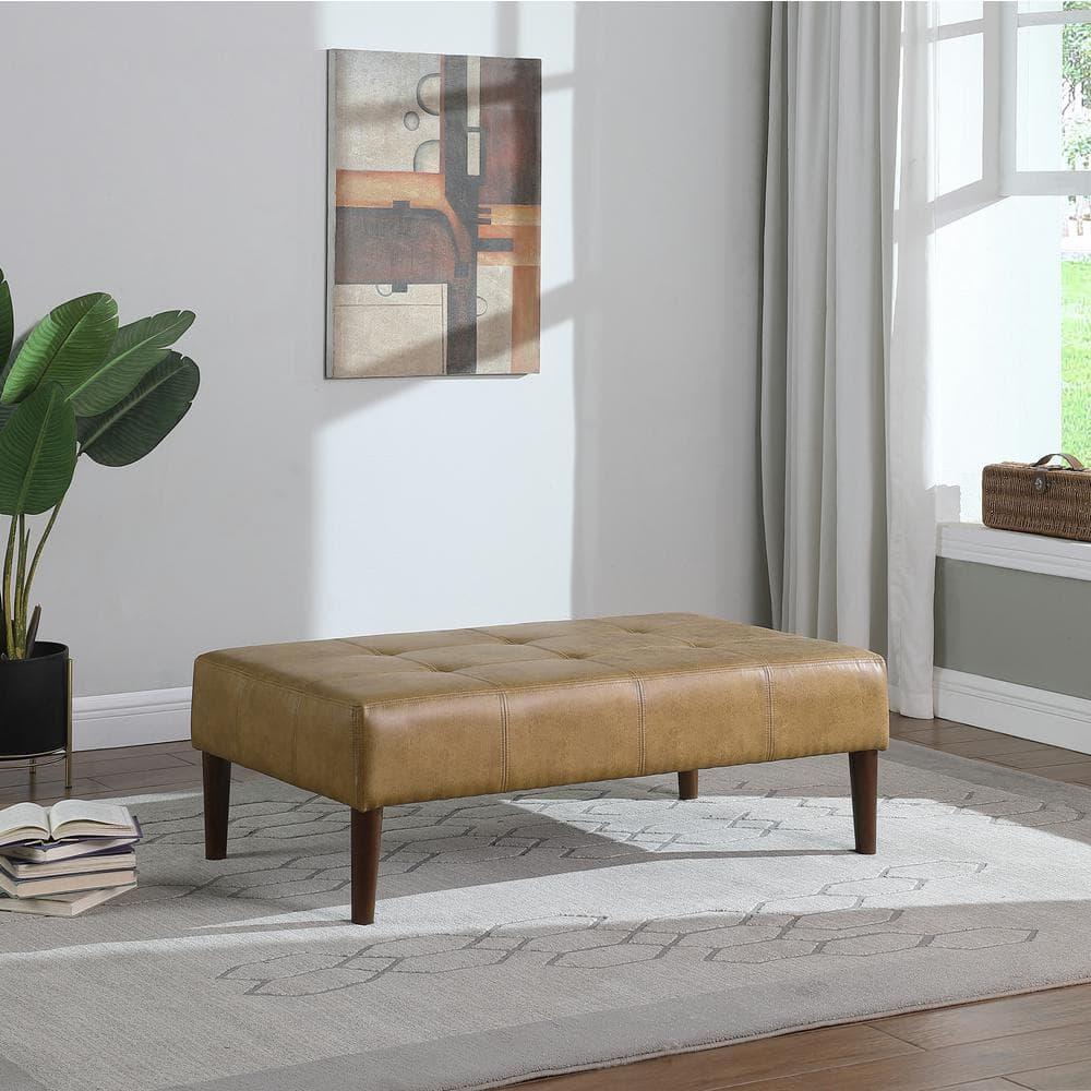 Adryanah Tufted Coffee Table Ottoman Bench - Light Brown Faux Leather