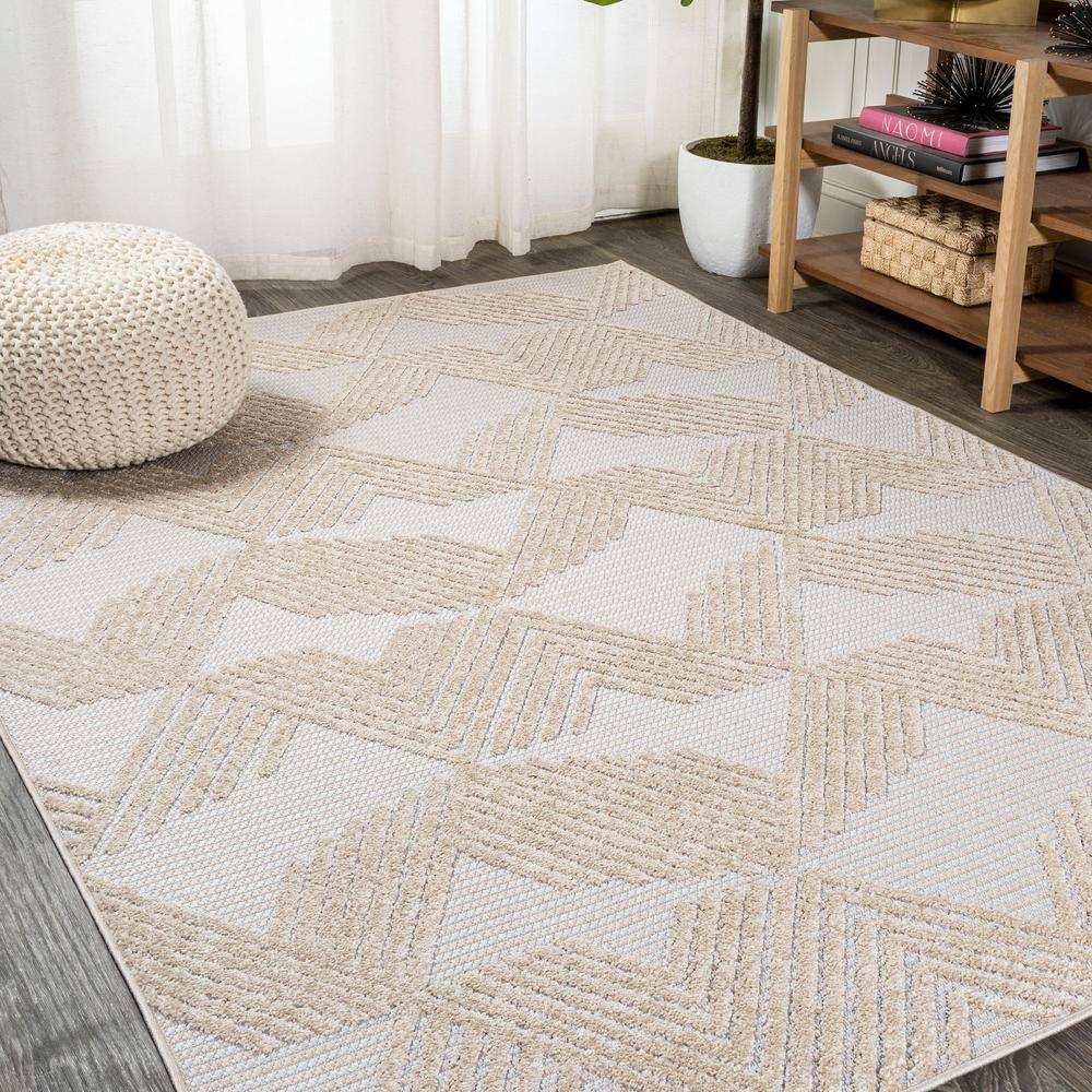 8'x10' Jazz High-Low Pile Art Deco Geometric Indoor/Outdoor Area Rug, Beige - JONATHAN Y