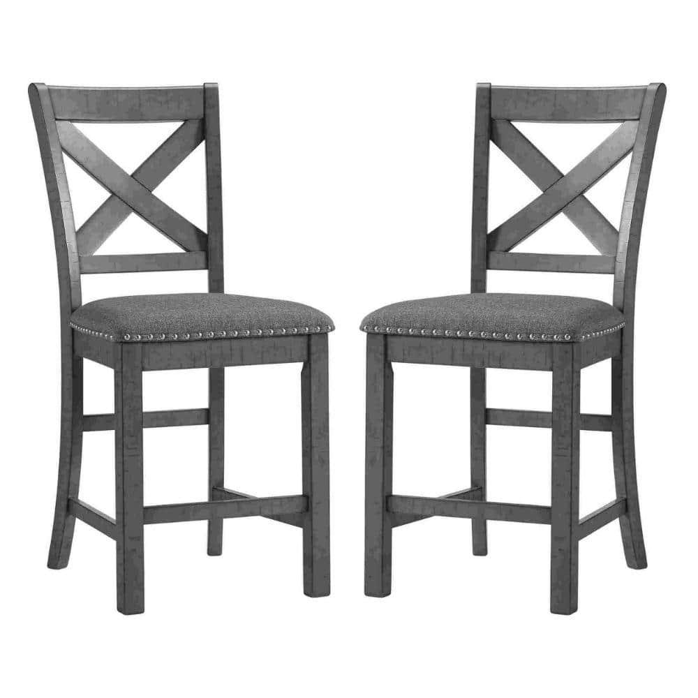 Barstool with Wooden X Shaped Back and Fabric Seat, Set of 2, Gray