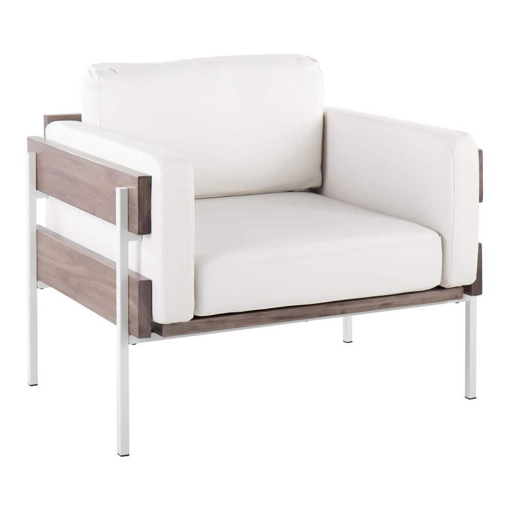 Farmhouse Luxe Kari White Faux Leather Accent Chair with Grey Wood