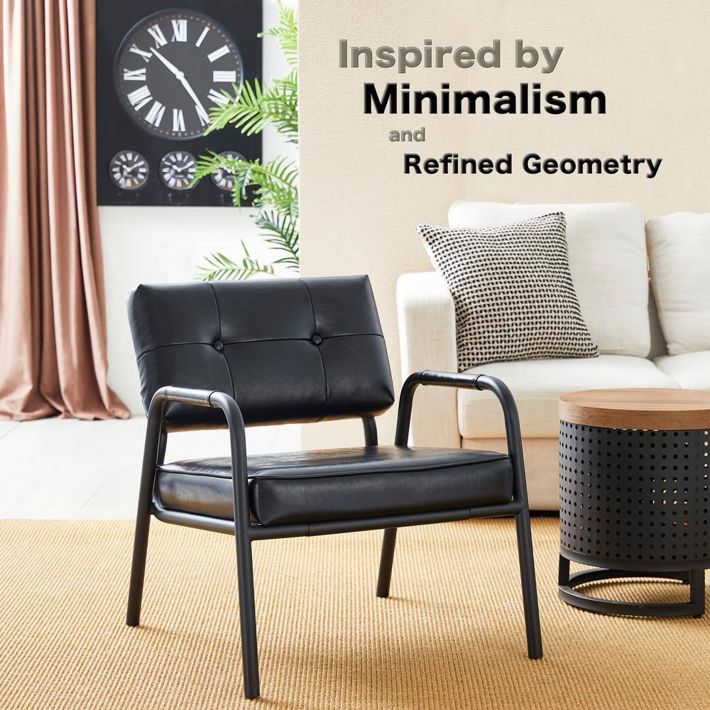 Mid-Century Modern Leatherette Arm Accent Chair Frosted Black Metal Frame Black - Glitzhome