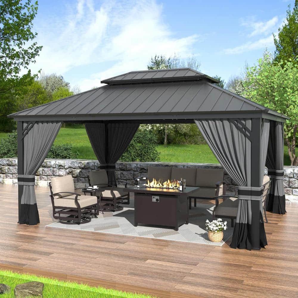 Kozyard Kozyard Alexander Gray Double Roof Hardtop Gazebo with Privacy Curtain Mosquito Netting