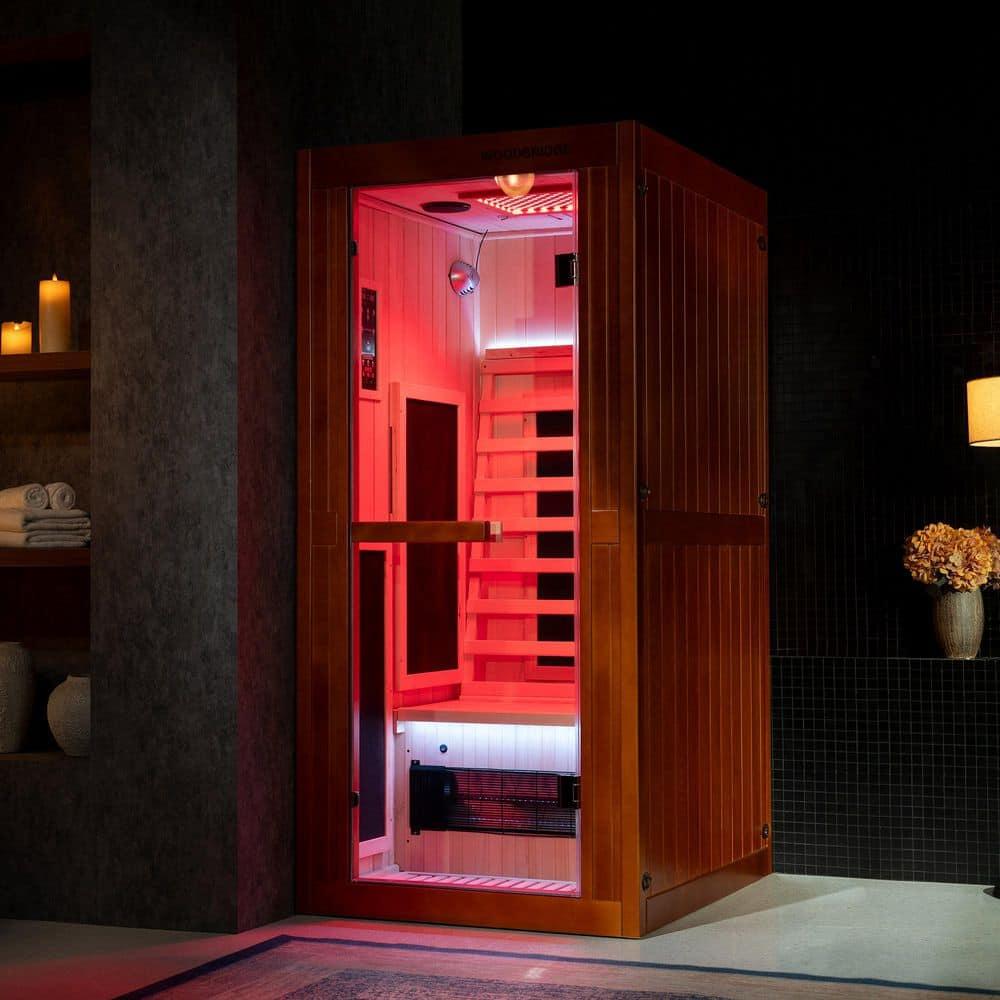 WoodBridge 1 Person Indoor Bluetooth Compatible FAR Infrared Sauna in Canadian Hemlock, Touch-Tone Keypad, LED Therapy Light