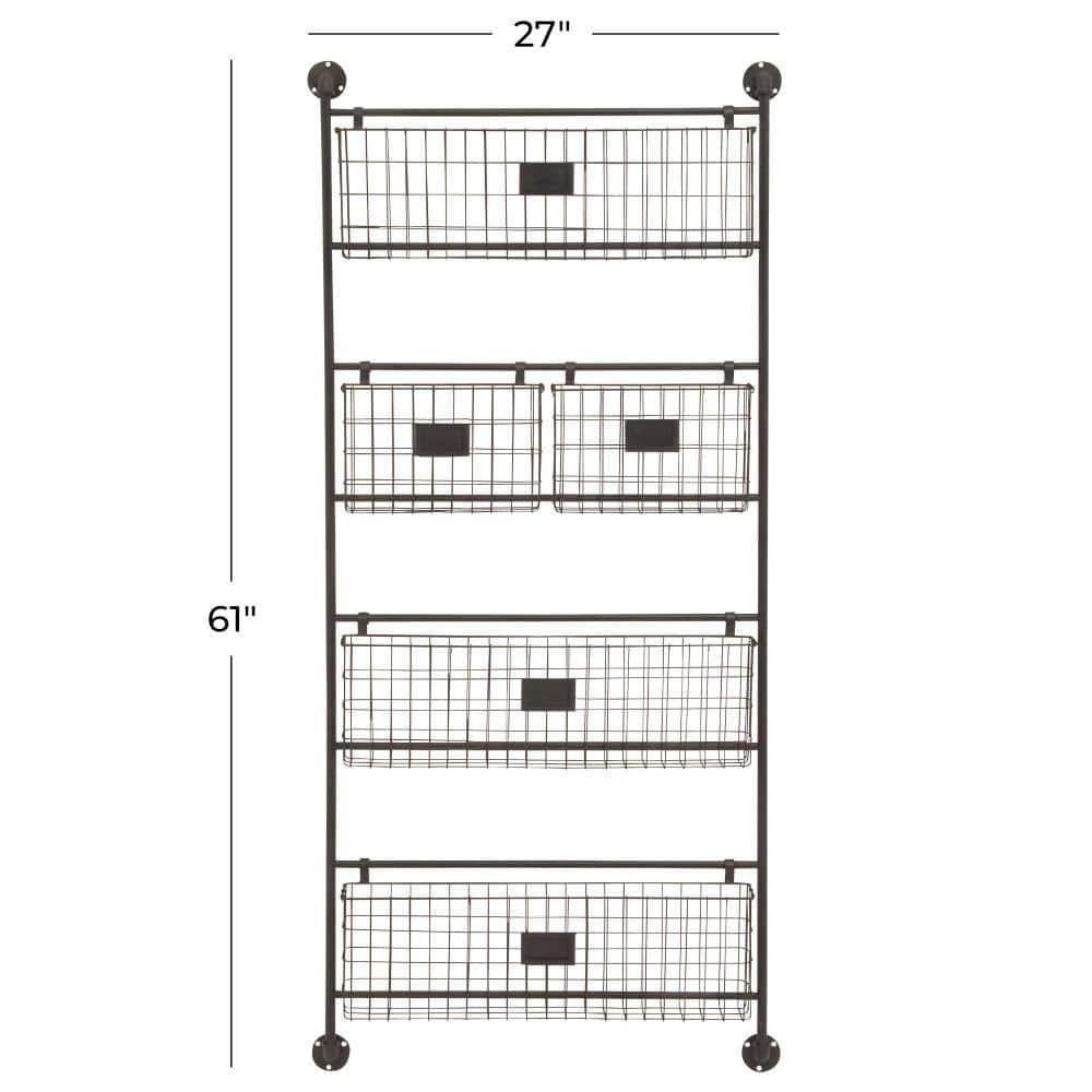 DecMode 4-Tier Industrial Wall Organizer Basket and Magazine Rack Holder, 27"W x 5"L x 61"H, Black Metal with Rustic Distressed Finish