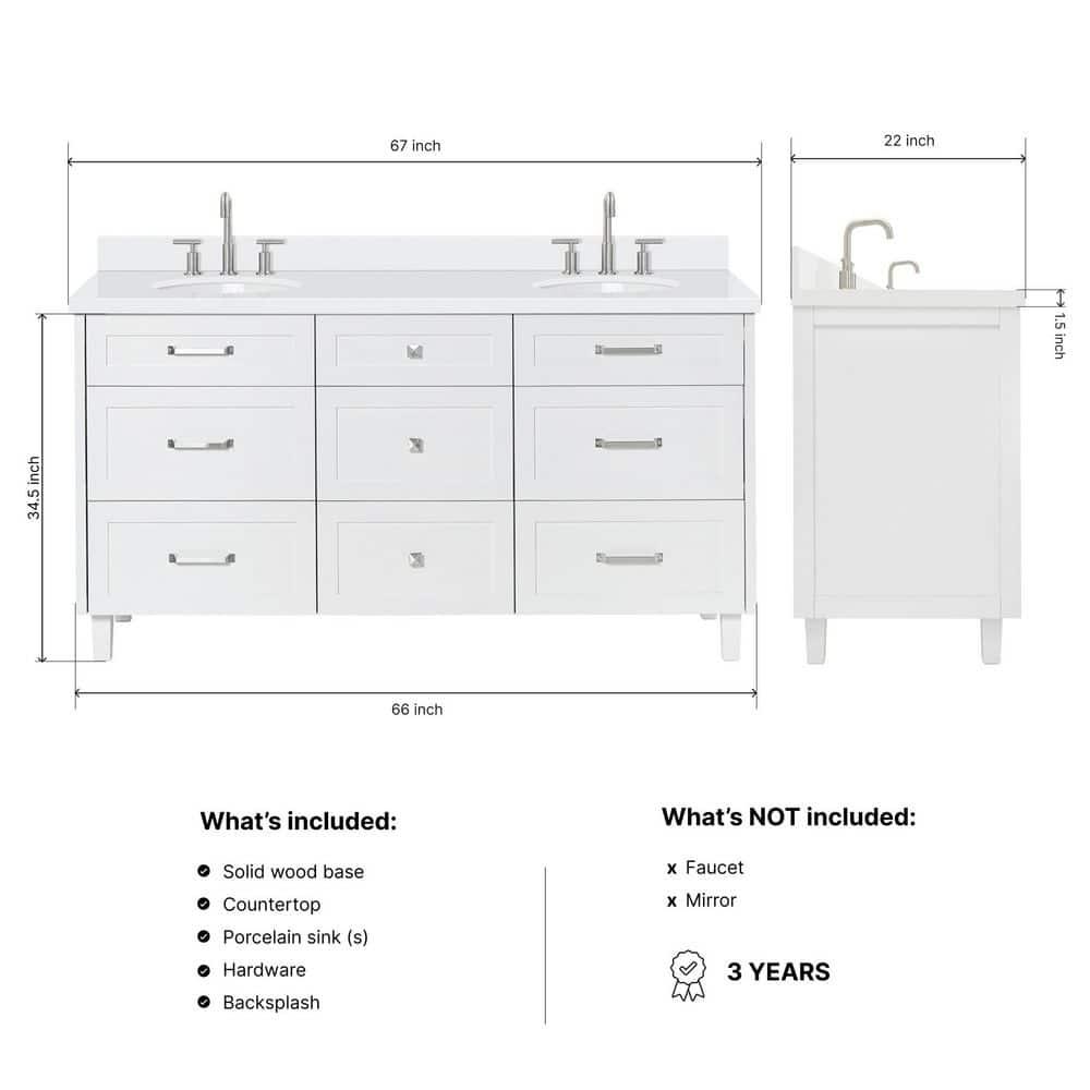 Ariel Monrow 67 Inch Double Oval Sink Bathroom Vanity With Pure White Quartz Countertop