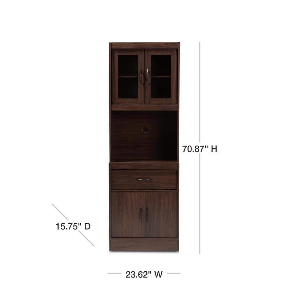 Baxton Studio Laurana Walnut Finished Kitchen Cabinet and Hutch Brown: Traditional Style, 4-Door Pantry Storage, 1 Drawer