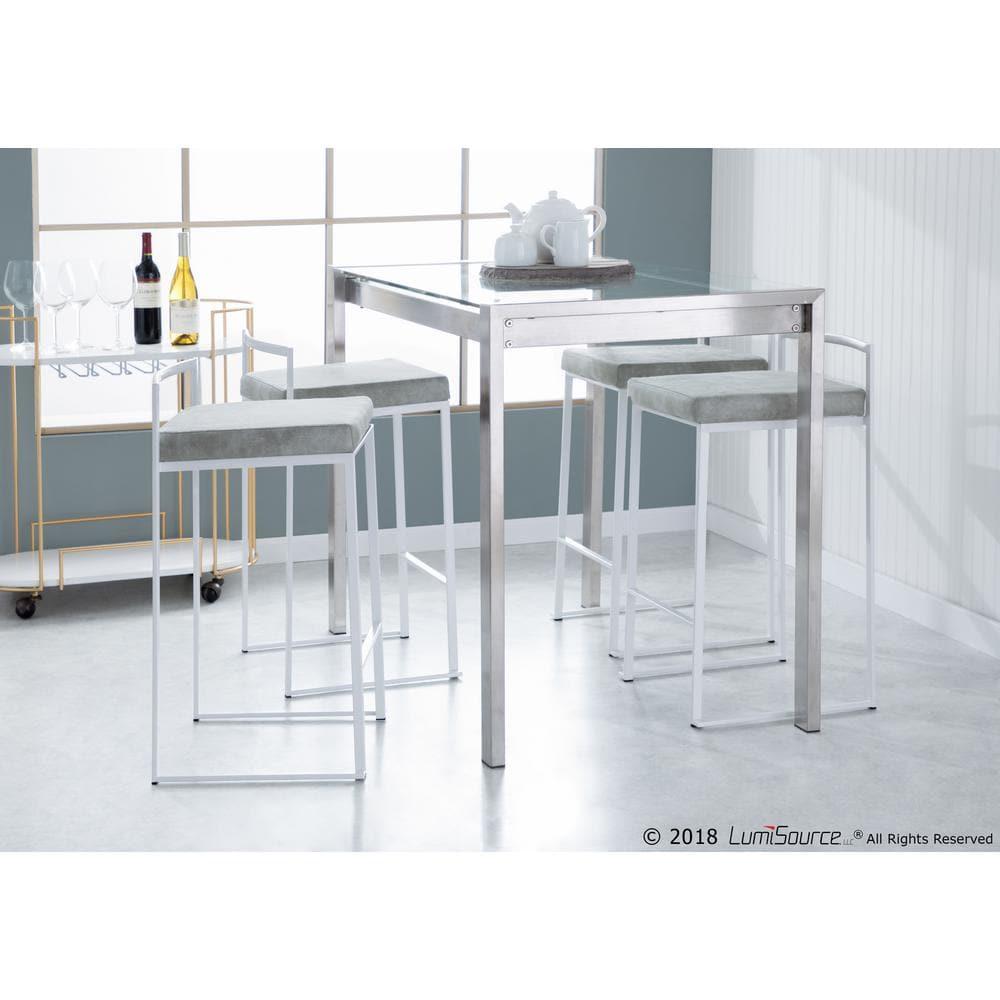 Contemporary Stackable Counter Stool In White With Light Grey Cowboy Fabric Cushion - Set Of 2