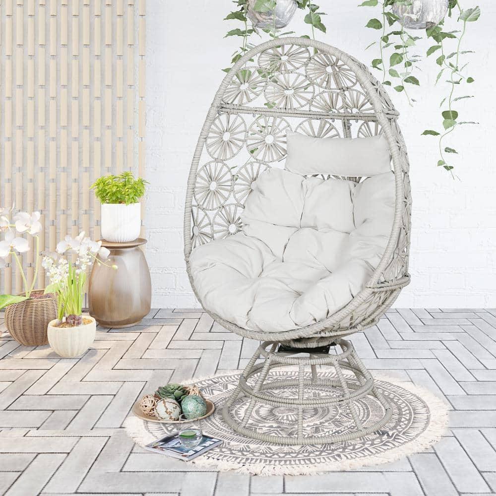 Ulax Furniture Wicker Egg Chair Indoor Outdoor Swivel Lounge Egg Chair with Cushions for Patio, Backyard, Living Room