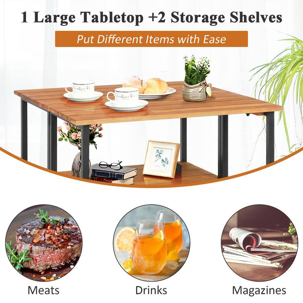Costway Patio Acacia Wood Folding Dining Table Storage Shelves Garden Deck