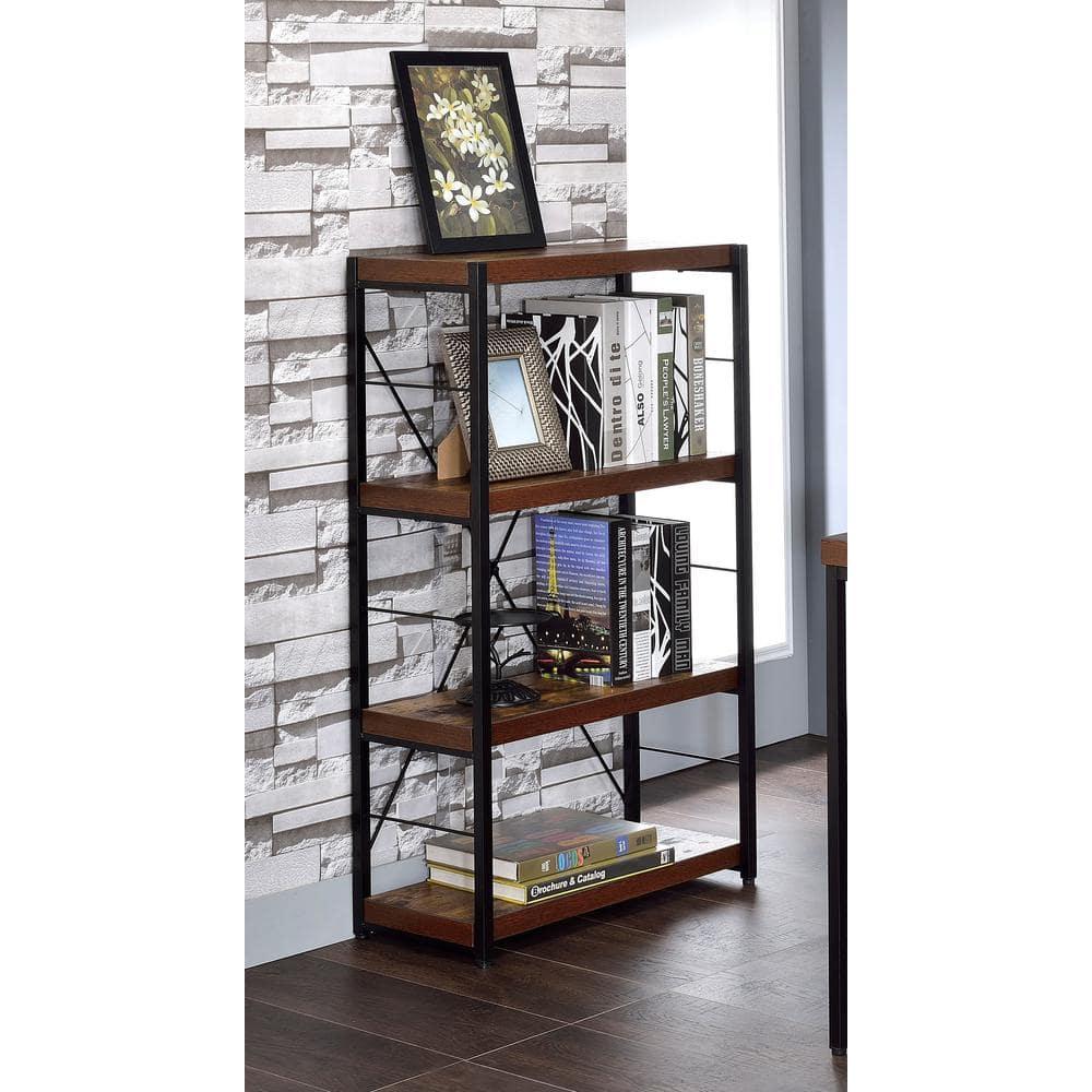 4 Tiered Metal Framed Wooden Bookshelf Weathered Oak Brown and Black - Saltoro Sherpi