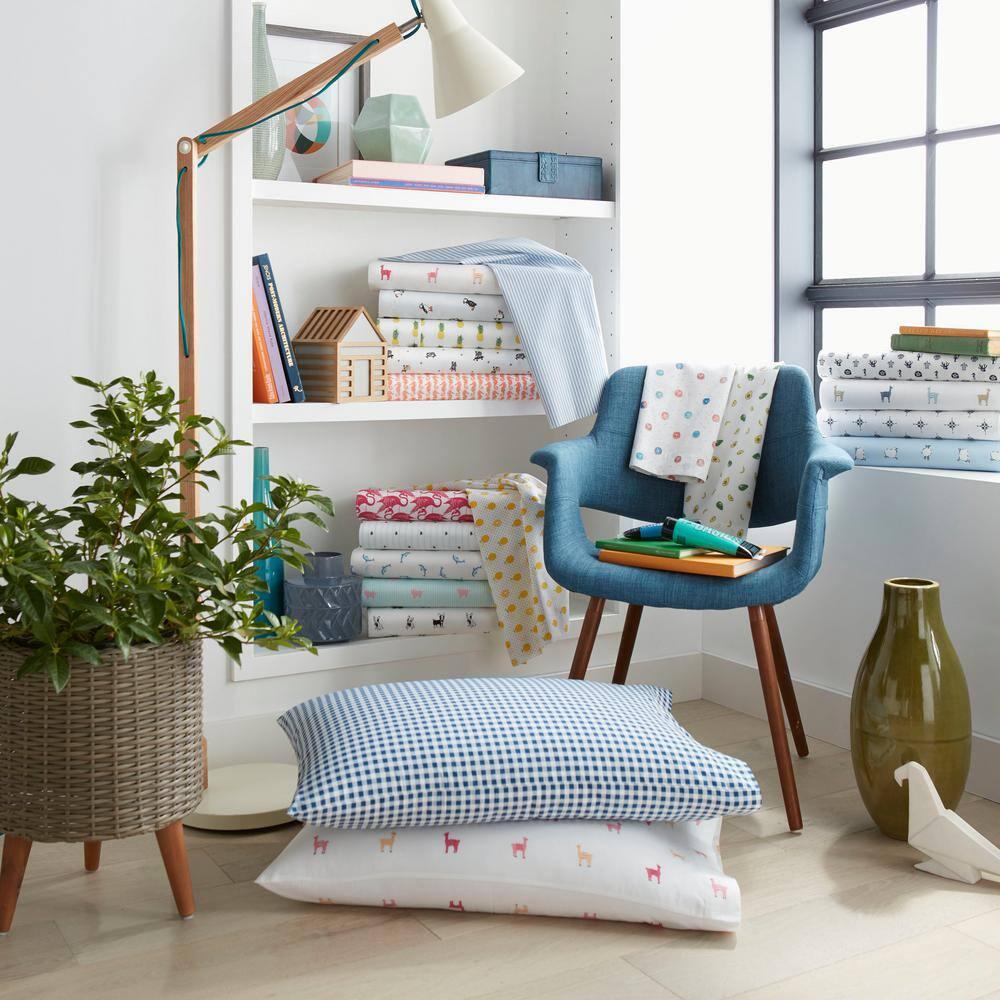 Poppy & Fritz Gingham Plaid Cotton Blue 4 Piece Sheet Set-Full