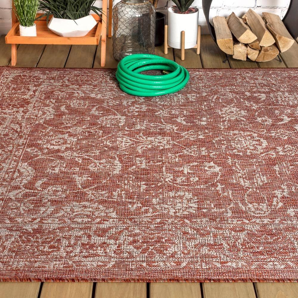 8'x10' Tela Bohemian Textured Weave Floral Indoor/Outdoor Area Rug, Red/Taupe - JONATHAN Y