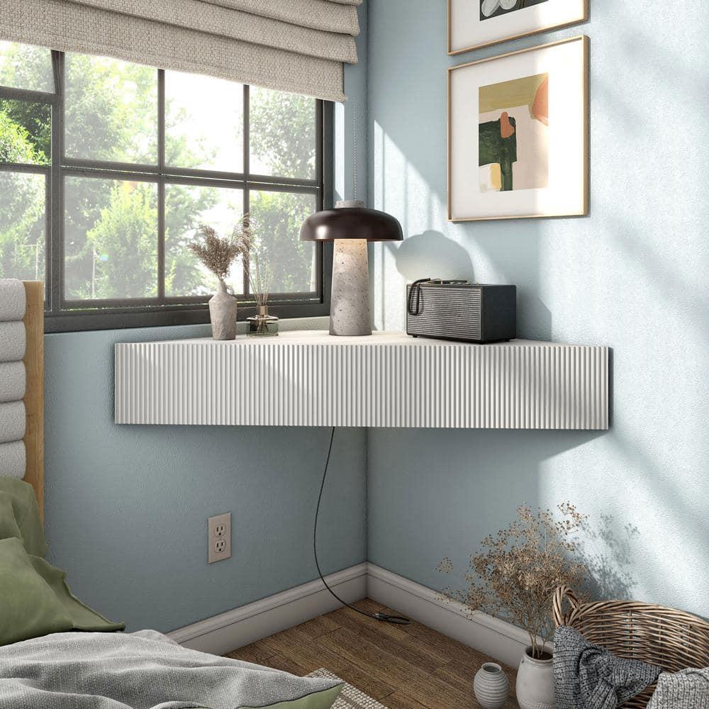 Furniture of America  Sukhumi Transitional 47-inch 3-Shelf Wall-Mounted Corner TV Console 3D Wavy Panel Door- White N/A Wood, Metal