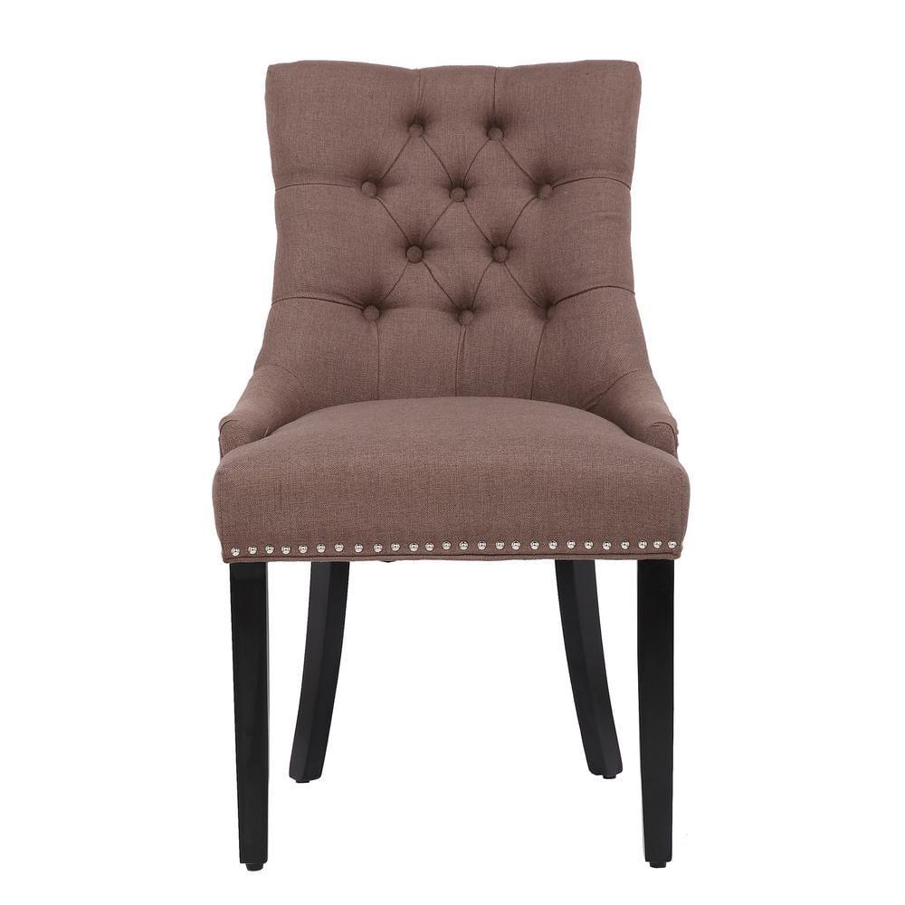 Polytrends Grandview Tufted Upholstered Linen Fabric Dining Chair Dining Chairs Brown Rubberwood,Acacia Tufted,Nailheads Farmhouse,Modern &