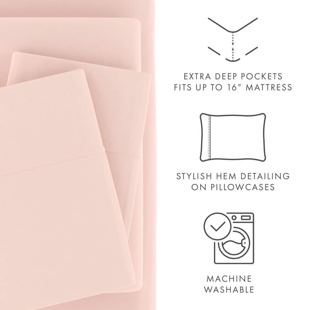 Noble Linens 4 Piece Solid Microfiber Bed Sheet Set, Blush, King