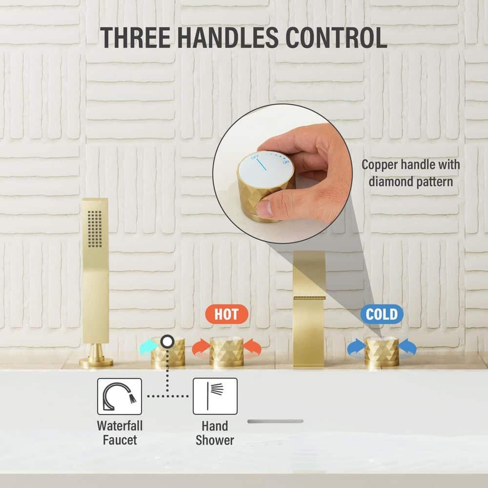 3 Handles Deck Mounted Bathroom Tub Faucet Trim with Handshower