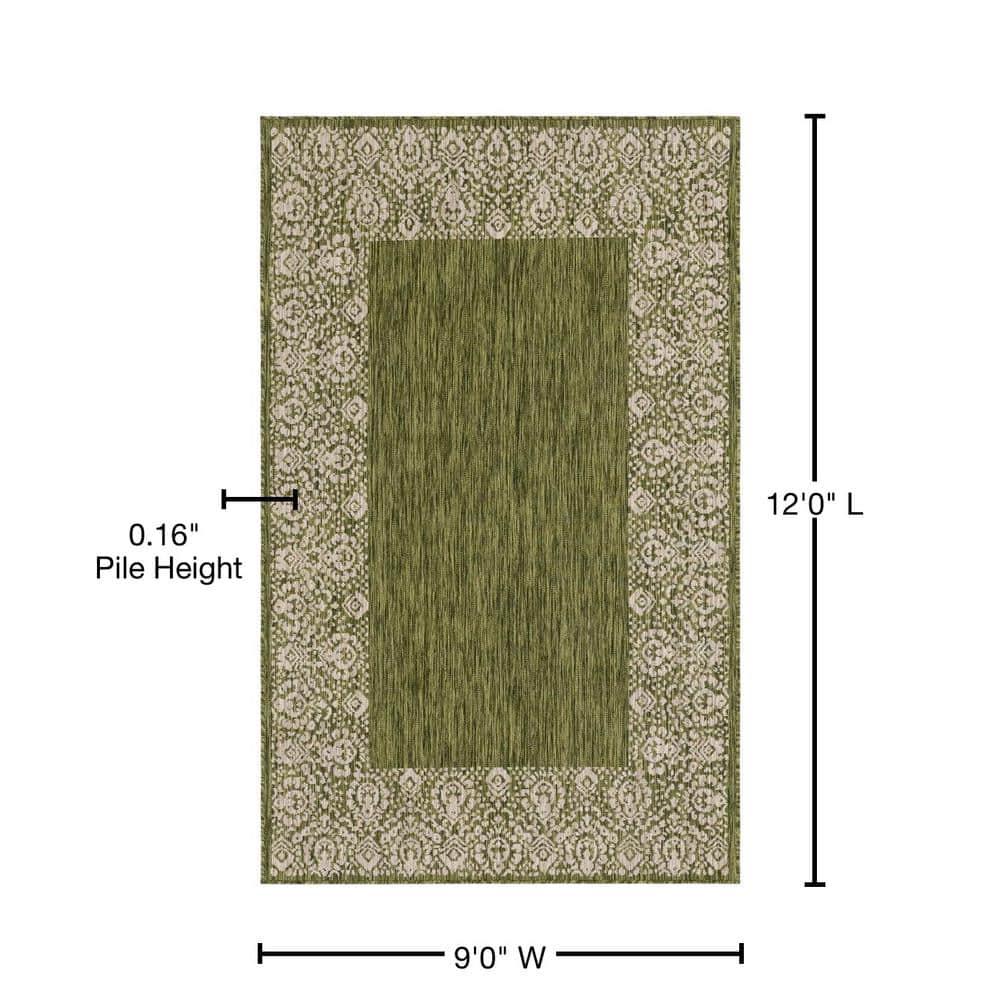 Unique Loom Outdoor Border Collection Area Rug - Floral Border (9' x 12' Rectangle Green/Ivory)