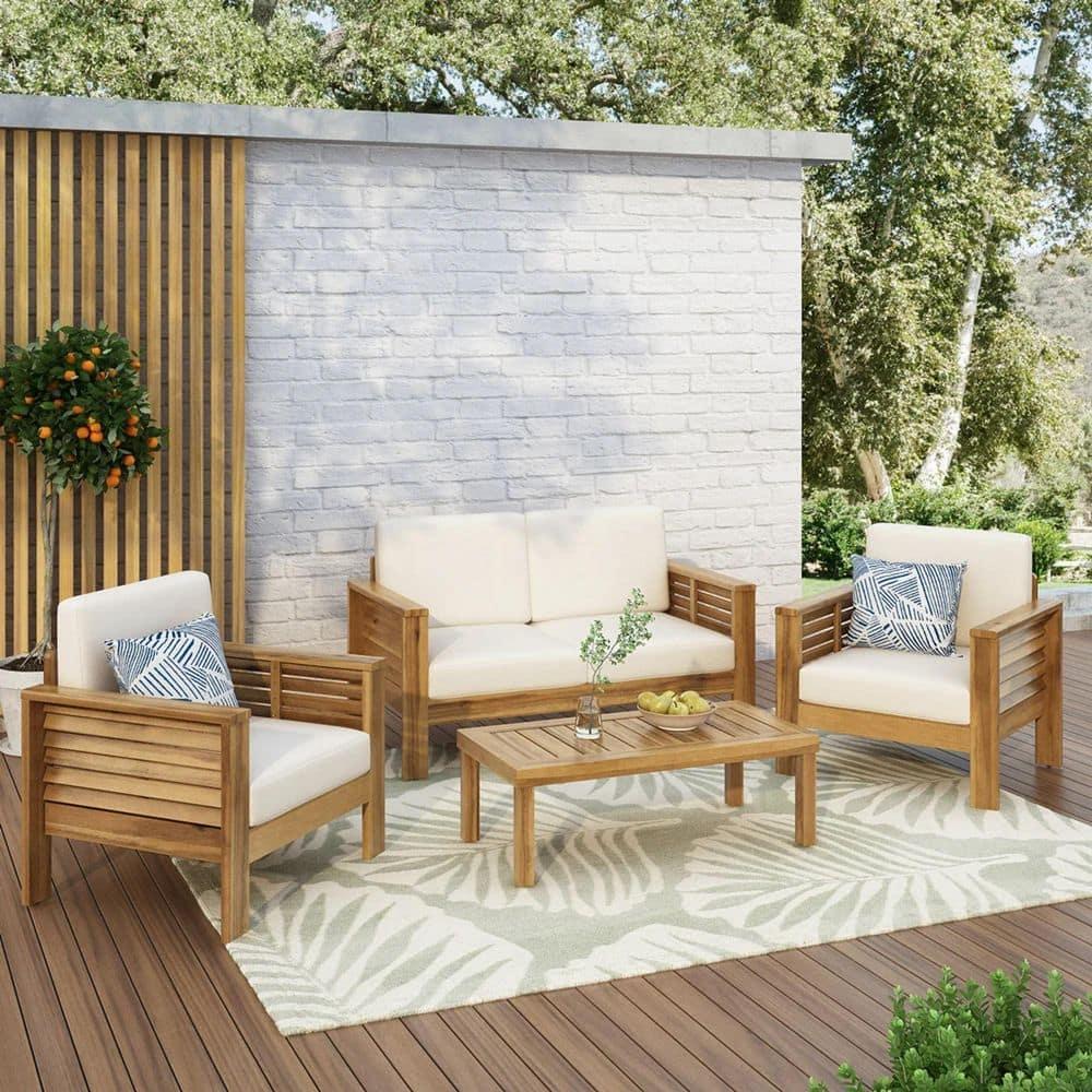 Christopher Knight Home Rabun Outdoor Acacia Wood 4 Seater Chat Set with Cushions, Cream/Teak