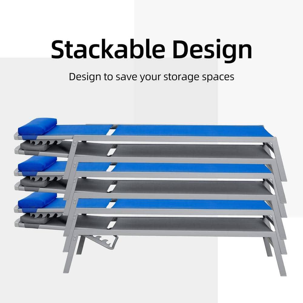 Domi Patio 3 Pieces Aluminum Textilene Chaise Lounge Set with Side Table Outdoor, Adjustable Back and Pillow for Yard Garden Sunbathing for All Seasons Blue